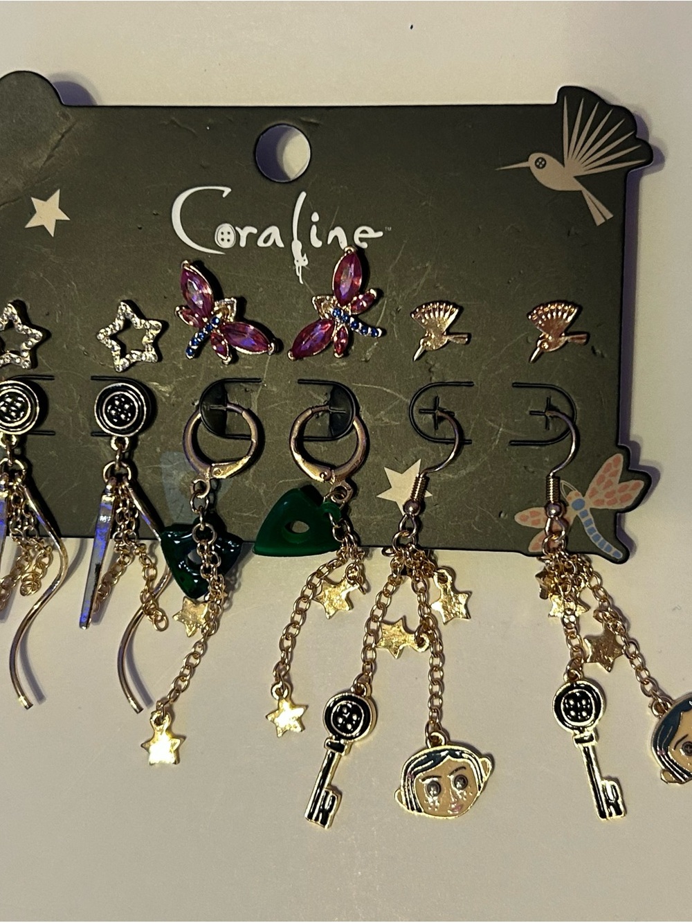 Gold-Tone Mixed Earring Set with Pink Butterfly Accents
